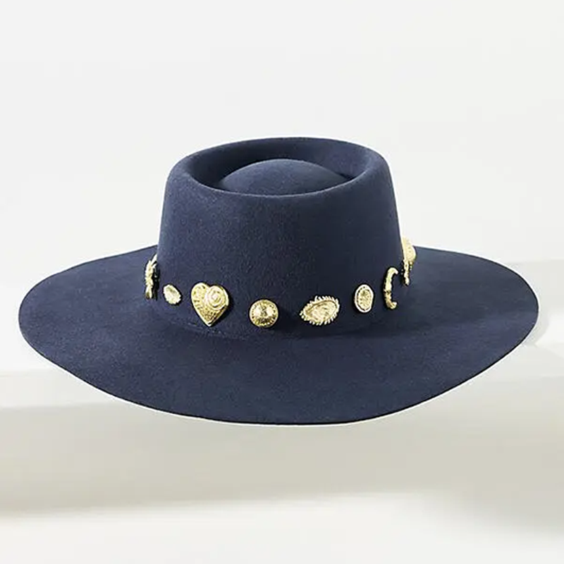 Navy Embellished Wide-Brim Hat