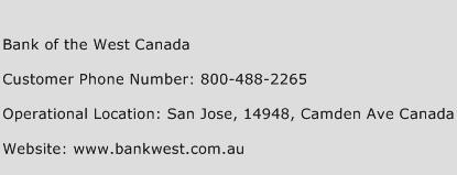 Bank of the West Canada Phone Number Customer Service