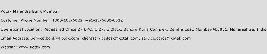 Kotak Mahindra Bank Mumbai Phone Number Customer Service