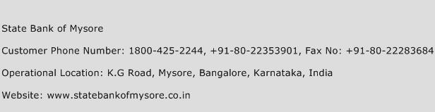 State Bank of Mysore Phone Number Customer Service