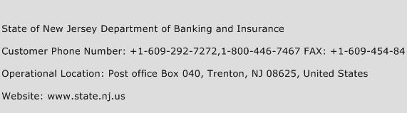 State of New Jersey Department of Banking and Insurance Phone Number Customer Service