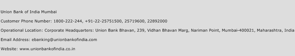 Union Bank of India Mumbai Phone Number Customer Service