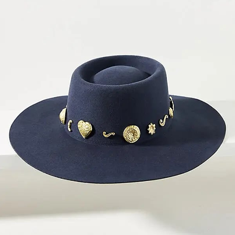 Navy Embellished Wide-Brim Hat