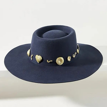 Navy Embellished Wide-Brim Hat