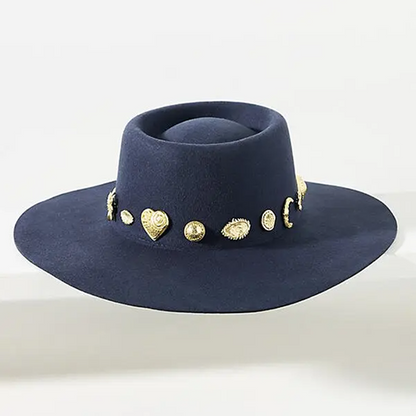 Navy Embellished Wide-Brim Hat